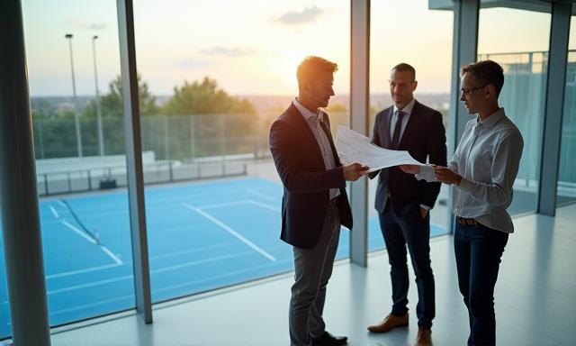 Team of padel consultants reviewing blueprints in a modern facility